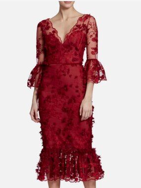 Marchesa Notte 3D Appliqué Flowers Cocktail Midi Dress In Burgundy Red Sz 8